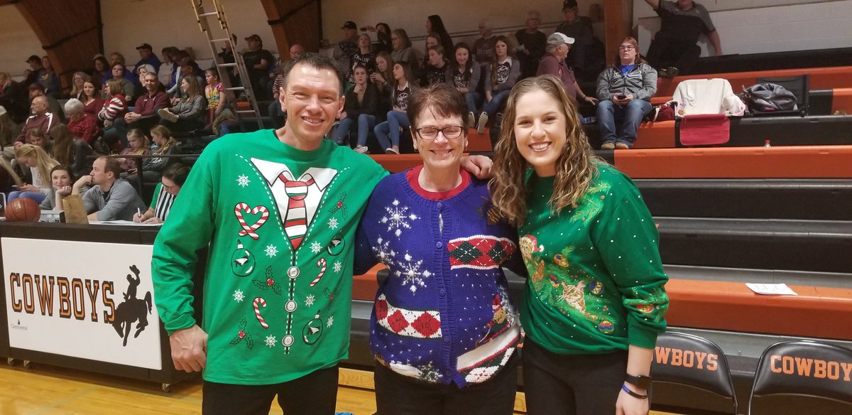 AdCowboys's tweet photo. Current Girls Roughrider game is Killdeer vs Stanley. Here's the officials and coaches in their ugly sweaters. @StanleyBlueJays @stafslien https://t.co/vFwsKJbQ4D