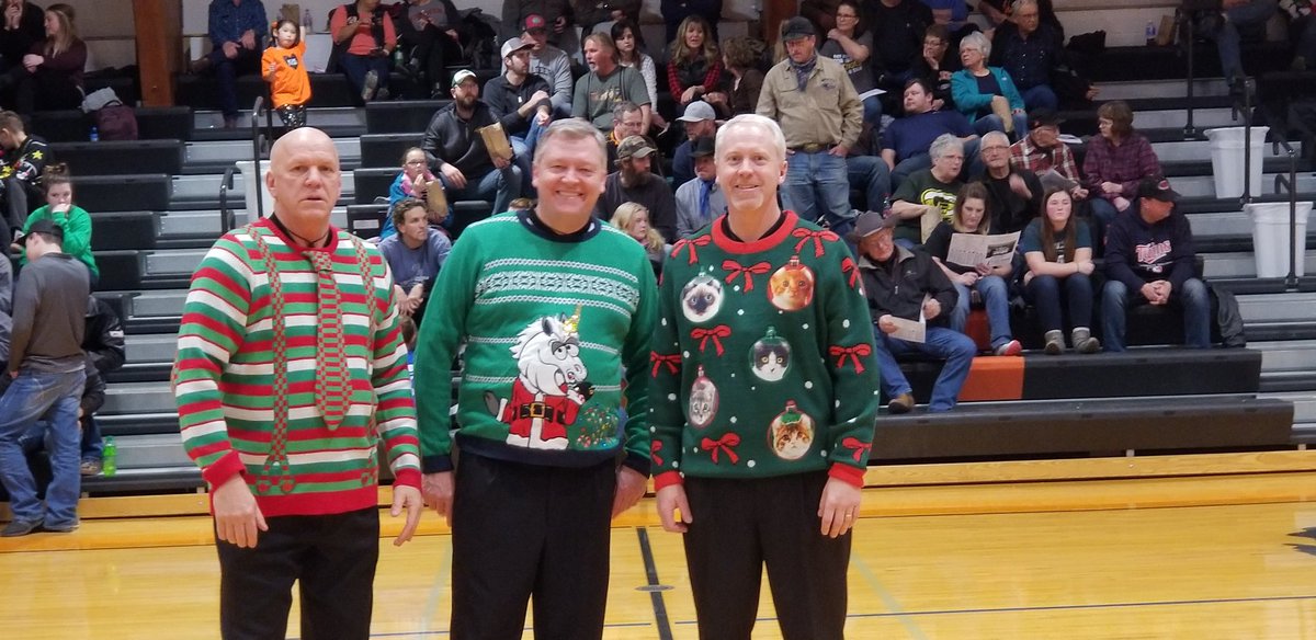 AdCowboys's tweet photo. Current Girls Roughrider game is Killdeer vs Stanley. Here's the officials and coaches in their ugly sweaters. @StanleyBlueJays @stafslien https://t.co/vFwsKJbQ4D