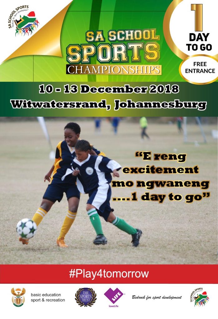 SPORTandREC_RSA's tweet photo. E reng excitement mo Ngwaneng😜...1 day to go"⚽️🏀🏐🏏⛹🏾♀️🏊🏽🥇
#Sportdevelopment
#unearthingsportingtalent
#NSCC2018
#Play4tomorrow https://t.co/ZsGFkofKEp
