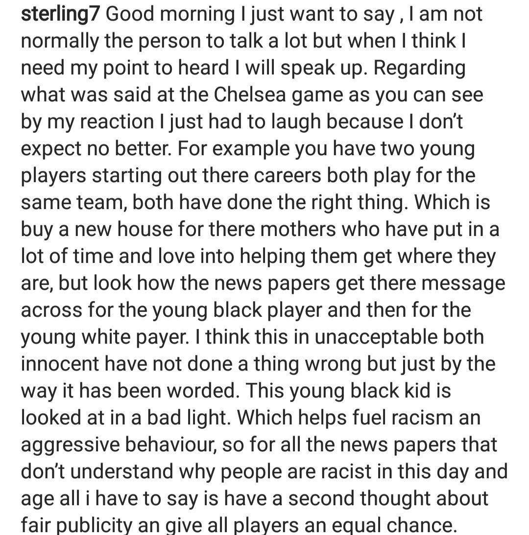 👏 Raheem Sterling has spoken out this morning on his Instagram about the incident which took place at Chelsea yesterday...

📱 Insta: sterling7

#CHEMCI

#MCFC