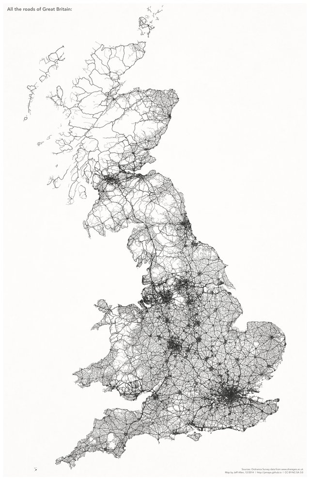 52. Roads in Great Britain, by /u/jamaps (discovered via  @simongerman600) somebody please make this for an entire continent, *without* national boundaries! https://www.reddit.com/r/dataisbeautiful/comments/8mylc9/only_the_roads_of_great_britain_oc/