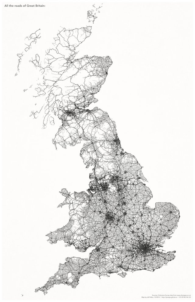 52. Roads in Great Britain, by /u/jamaps (discovered via  @simongerman600) somebody please make this for an entire continent, *without* national boundaries! https://www.reddit.com/r/dataisb...
