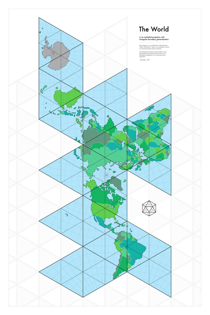 53. also by /u/jamaps – "the world in an isohedral projection with triangular boundary generalization" – a modification of Buckminister Fuller's Dymaxion map  http://jamaps.github.io/maps.html 
