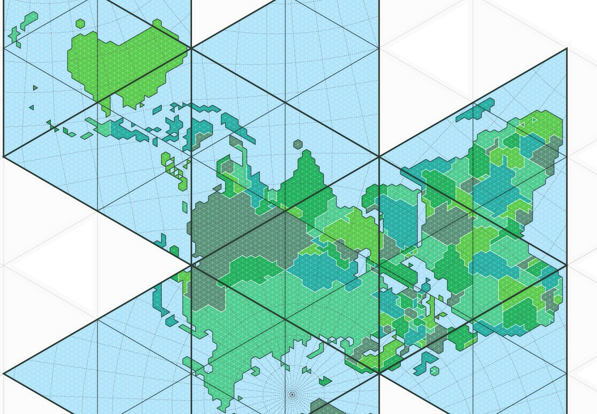 53. also by /u/jamaps – "the world in an isohedral projection with triangular boundary generalization" – a modification of Buckminister Fuller's Dymaxion map  http://jamaps.github.io/maps.html 