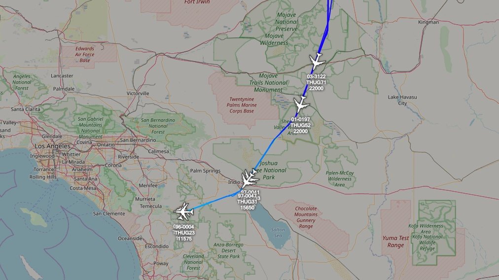 Multiple #USAF C-17As with THUG callsigns are en route to March ARB from the Nevada desert as part of JFEX (Joint Forcible Entry Exercise) 18B.