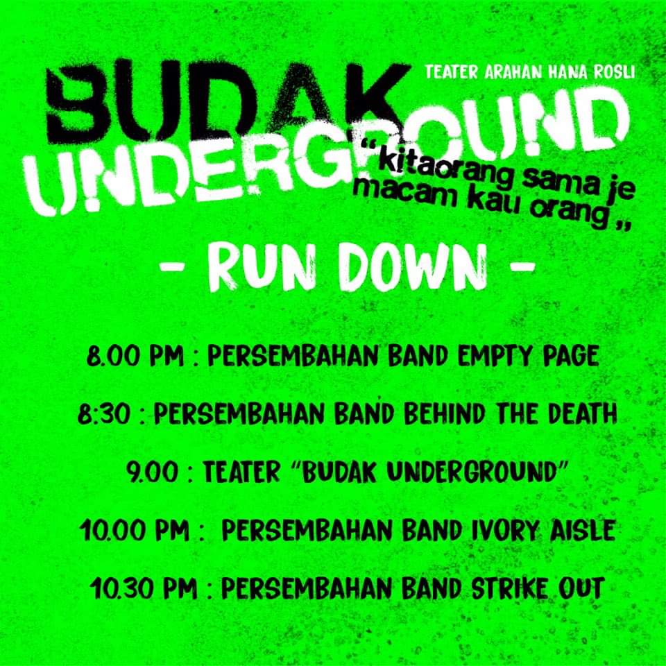 Today! Teater budak underground set 3!

Come and watch live action theatre about our underground music scene

8pm at oasis square damansara

This event includes live performance by various bands and special appearance by Radhi of <a href="/_OAG_/">oag official</a>