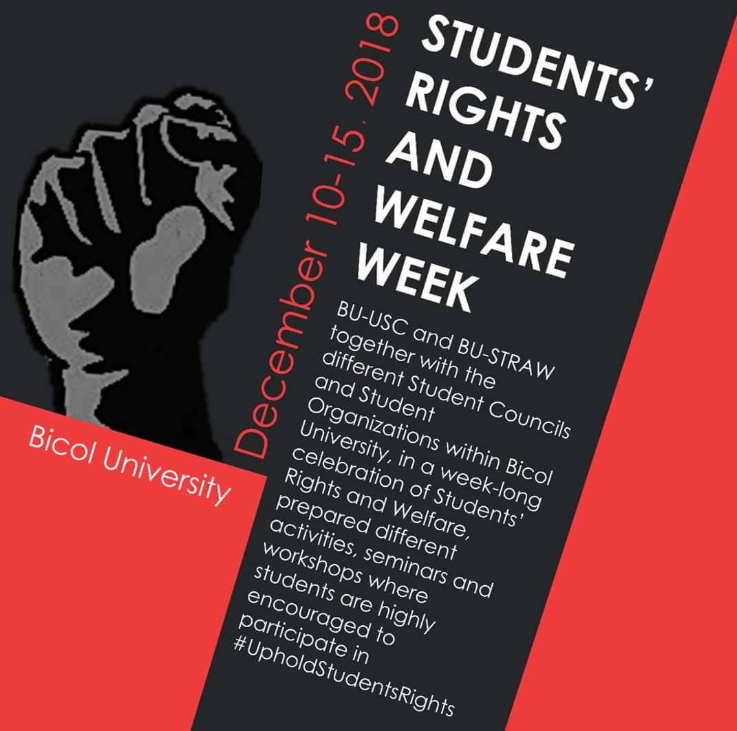 bucengcsc's tweet photo. #BUUSCEVENTS
STUDENTS' RIGHTS AND WELFARE WEEK
"Realities Beyond the Four Corners"
December 10 - 15, 2018
Bicol University Grounds https://t.co/emlvsY2Rek
