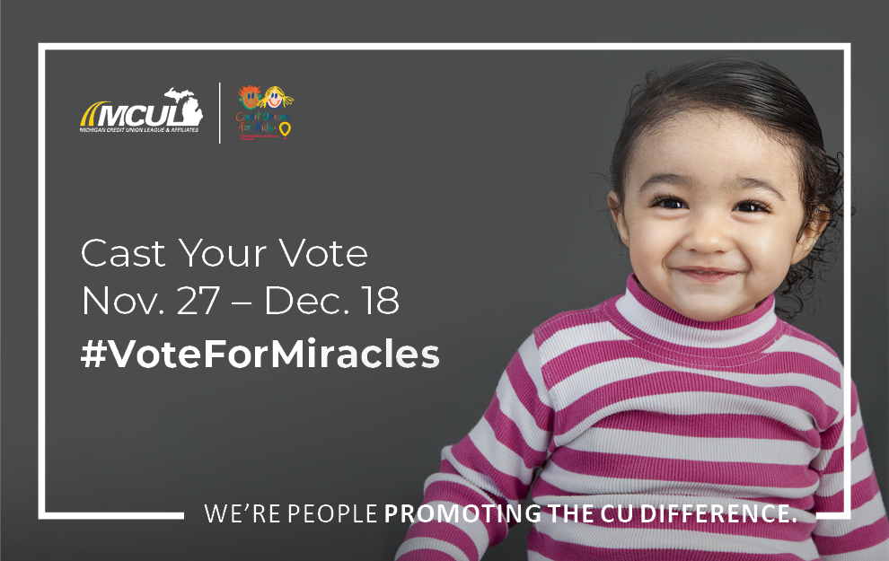 MICreditUnions's tweet photo. The @CU4Kids #VoteForMiracles campaign is open! Make an impact by voting for your favorite @CMNHospitals through Dec. 18. The top five hospitals will receive a share of $100,000. Flint's Hurley Children's Hospital won 2017's top prize! Learn more here: https://t.co/iPra1fSY2D https://t.co/QToBlxM01W