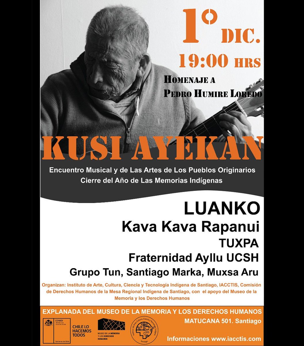 SÁBADO 01 DE DICIEMBRE
KUSI AYEKAN: Encuentro Artístico y Musical, homenaje a Pedro Pablo Humire. Entrada liberada
Participa Luanko, Kava kava, tuxpa.