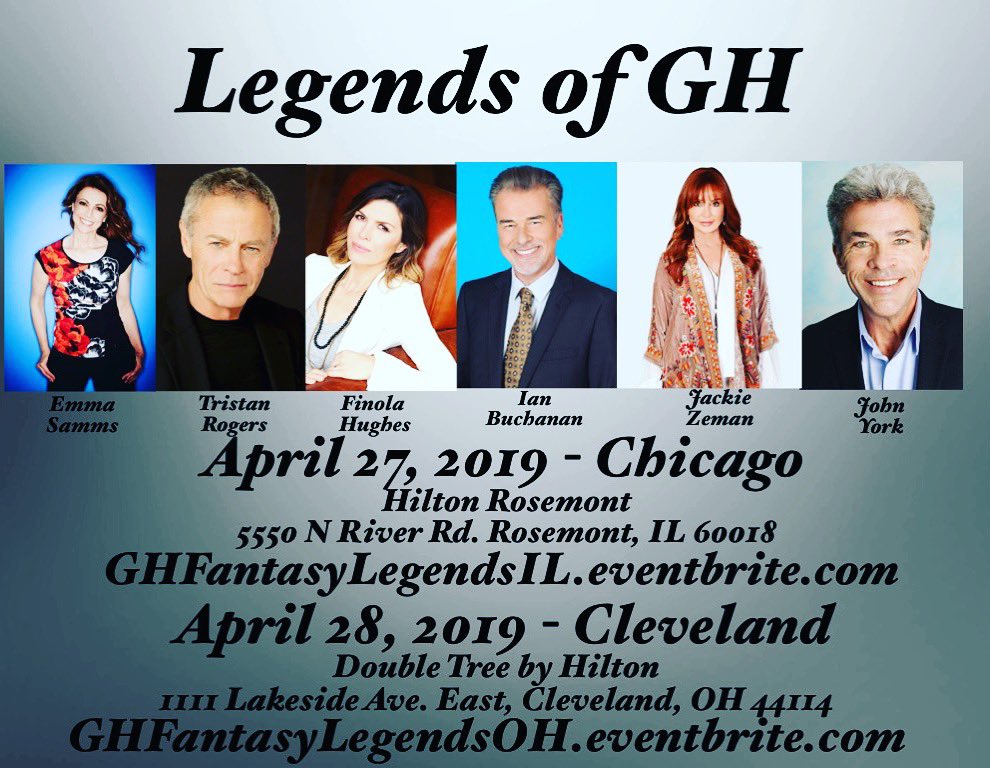 #Chicago #Cleveland #TuesdayThoughts Join is for #LegendsofGH <a href="/EmmaSamms1/">Emma Samms MBE</a> <a href="/tristanrogers/">tristanrogers</a> <a href="/finolahughes/">Finola Hughes</a> <a href="/KilttripUSA/">Ian Buchanan</a> <a href="/JackieZeman/">Jackie Zeman</a> <a href="/JohnJYork/">John J York</a> @GHFantasyEvents <a href="/UNCLEVINNIESCC/">Uncle Vinnie’s Comedy Club</a>!