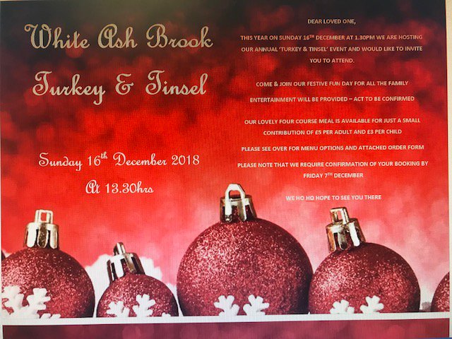 AstonbrookCare's tweet photo. #WhiteAshBrook Turkey and Tinsel 2018........16th December at 1.30pm. All are welcome but please book early to avoid disappointment. Call 01254 394163 and speak to Leanne or Zoe to reserve your place(s). We look forward to having you join us 🎅🎅🎅 https://t.co/ujsbOFJRVB