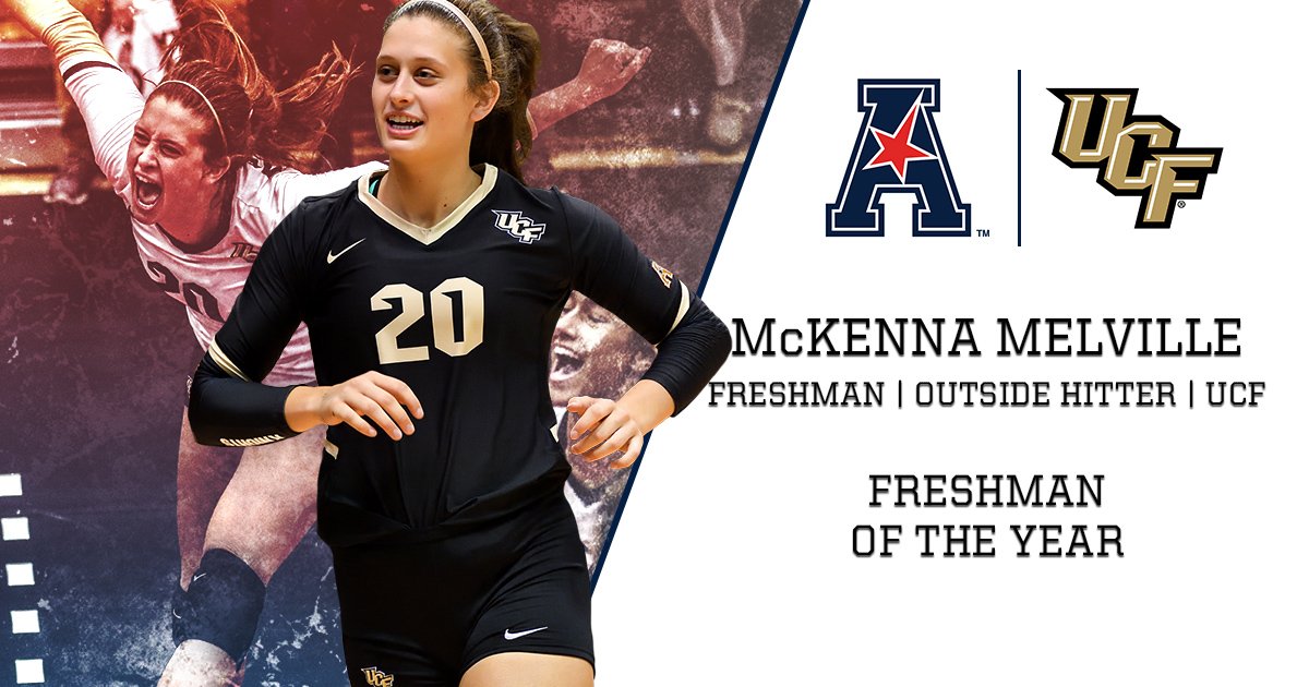 American_VBall's tweet photo. This freshman outside hitter leads the Knights and ranks No. 10 in the nation in kills (505) and No. 12 in points (561), @UCF_Volleyball's McKenna Melville has been named the 2018 #AmericanVB Freshman of the Year!  

📝: https://t.co/bdB4FrpIEA https://t.co/11gisQUWVq