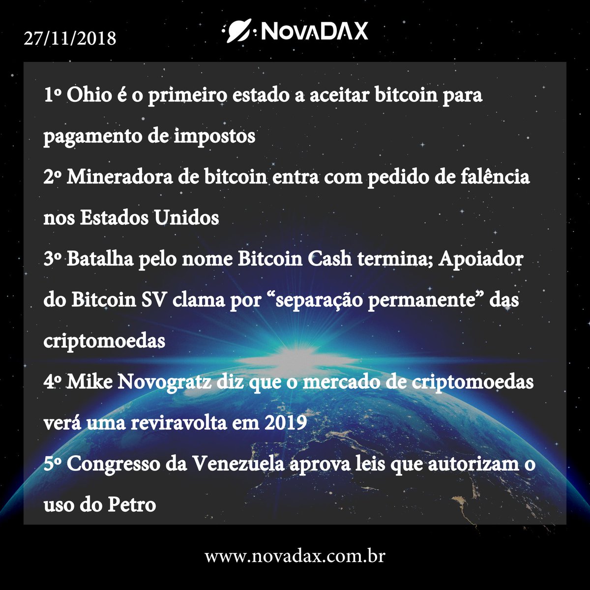 Nova_DAX's tweet photo. #NovaDAXNotíciasCriptomoedas
🌍27/11/2018🌍
Saiba mais informações sobre criptomoedas aqui!

#mercado #bitcoinhoje #blockchain #bitcointrade #criptomoedas #mercadobitcoin #bitcoinhoje #blockchain #bitcointoyou #coinbr #bitvalor #graficos #minaração #XRP #Stellar #LTC #BTC #ETH https://t.co/d4plx8tb7i