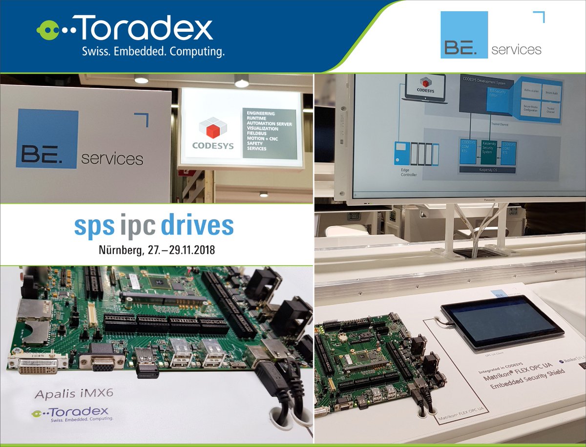 Toradex's tweet photo. Our partner #BEservicesGmbH is at the @SPSIPCDrives featuring a demo casing an Industrial Control System with Real-time @Linux &amp; an integrated @MatrikonOPC Flex OPC UA solution in #CODESYS, on Toradex's Apalis iMX6. Booth 7-570. #sps_live https://t.co/fODxyOyK8W