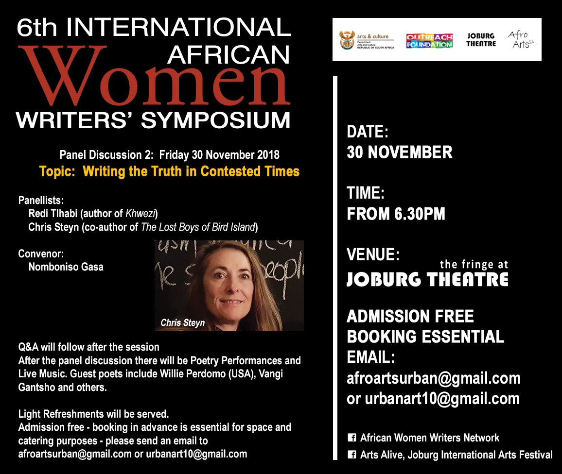 ArtsAliveJoburg's tweet photo. Choose to join us this Fri 30 Nov panel discussion: WRITING THE TRUTH IN CONTESTED TIMES with panellists @RediTlhabi & #ChrisSteyn.
Convened by @nombonisogasa
Starts at 6.30 pm @ the Fringe @joburgtheatre
#AWWS18 #6thAWWS #ChooseDay https://t.co/4YENIYyjJb