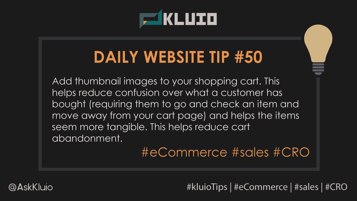 AskKluio's tweet photo. Add thumbnail images to your shopping cart. This helps reduce confusion over what a customer has bought (requiring them to go & check an item & move away from your cart) & helps the items seem more tangible. This helps reduce cart abandonment.
#eCommerce #sales #CRO #kluioTips https://t.co/bTMQM8o6QV