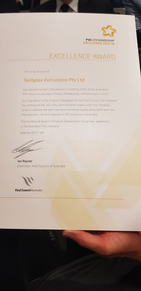 TechBoardAus's tweet image. #vinyl #environmental  TechPlas is proud to achieve environmental excellence for the PVC stewardship this year at the @VCAustralia awards night!