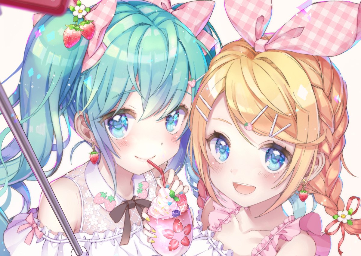 hatsune miku ,kagamine rin multiple girls 2girls food-themed earrings hair ornament blonde hair long hair smile  illustration images