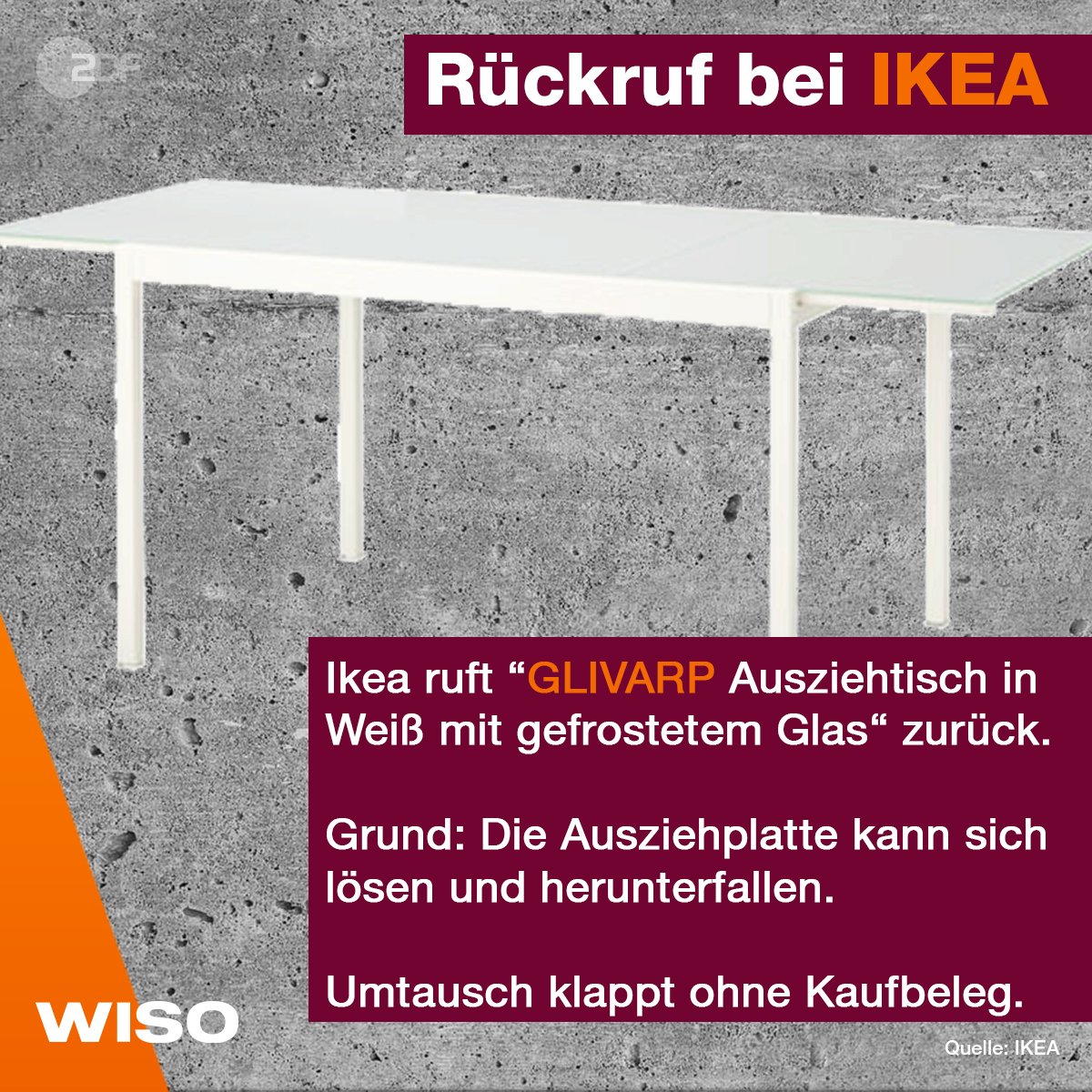 ZDFwiso's tweet photo. Der große #GLIVARP soll zurück nach Hause. @IKEA_Presse ruft Esstisch mit Glasplatte zurück. #IKEA #Rückruf #WISO https://t.co/gg8yzWoreH