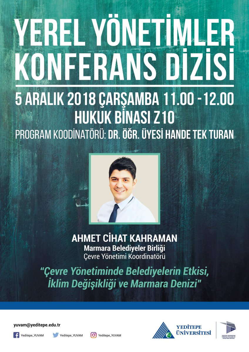 (YUVAM) 'ın Yerel Yönetimler Konferans Dizisinin detayları afiştedir. 5 Aralıkta 11'de Z10'da Çevre Yönetimi, Belediyeler, İklim Değişikliği ile Yerel Yönetimleri detaylı derinlemesine irdeliyoruz ! Bütün öğrencilerimiz davetlidir...
