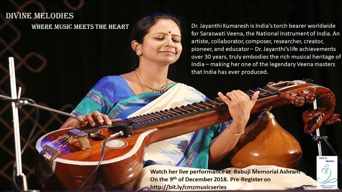HeartfulnessTN's tweet photo. Divine Melodies - Margazhi at Manapakkam - Where Music meets the Heart - Come and listen to the captivating Veena rendition by Dr. Jayanthi Kumaresh at BMA, Manapakkam, on Sunday, 9th of December 2018 at 7 pm.
Pre register at https://t.co/GNFi9PAMOE https://t.co/4fZUdbvPlC