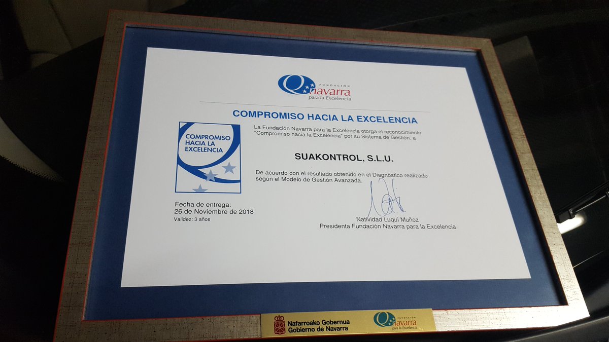 suakontrol's tweet photo. Ayer la Fundación Navarra para la Excelencia nos hizo entrega del reconocimiento "Compromiso hacia la Excelencia". Suakontrol ve así reflejado su compromiso con el buen hacer y con el servicio a sus clientes.
Un pasito más para seguir avanzando en el buen camino! https://t.co/VlrvJ78L5d