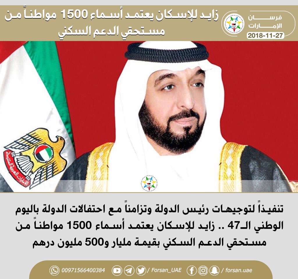 Forsan_UAE's tweet photo. تنفيذاً لتوجيهات #رئيس_الدولة وتزامناً مع احتفالات الدولة بـ #اليوم_الوطني47 .. #زايد للإسكان يعتمد أسماء 1500 مواطناً من مستحقي الدعم السكني بقيمة مليار و500 مليون درهم. #الإمارات https://t.co/FxJLSsQRtt