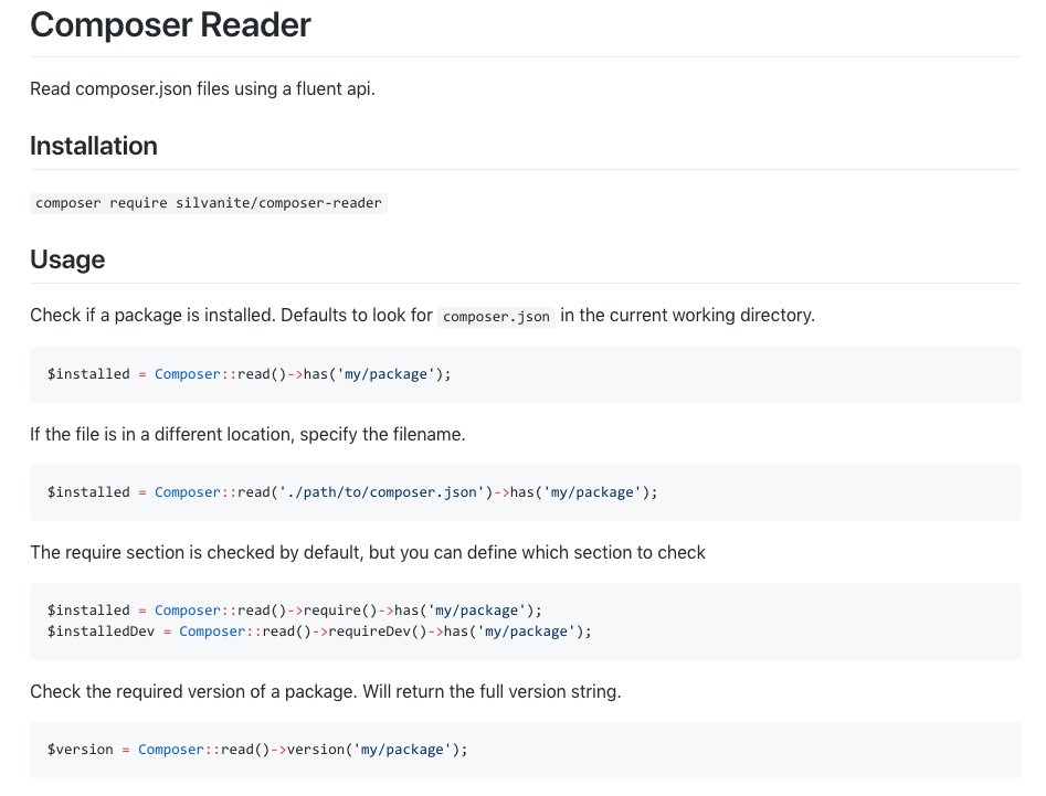 m2de_io's tweet image. Made a little helper package to check if a specific composer package is installed. 🎶 github.com/Silvanite/comp… #php #phpcomposer #opensource #devlife