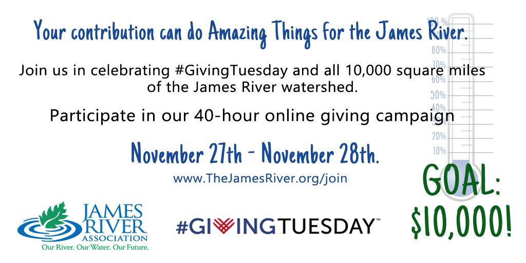 JRAvirginia's tweet photo. Today is #GivingTuesday! Become a member, make an additional gift, or give a gift membership and help us reach our goal of $10,000. That's one dollar for each square mile of our watershed. https://t.co/OIT1elj858 #40Hours for the #JamesRiver https://t.co/xfuUiMPVEu