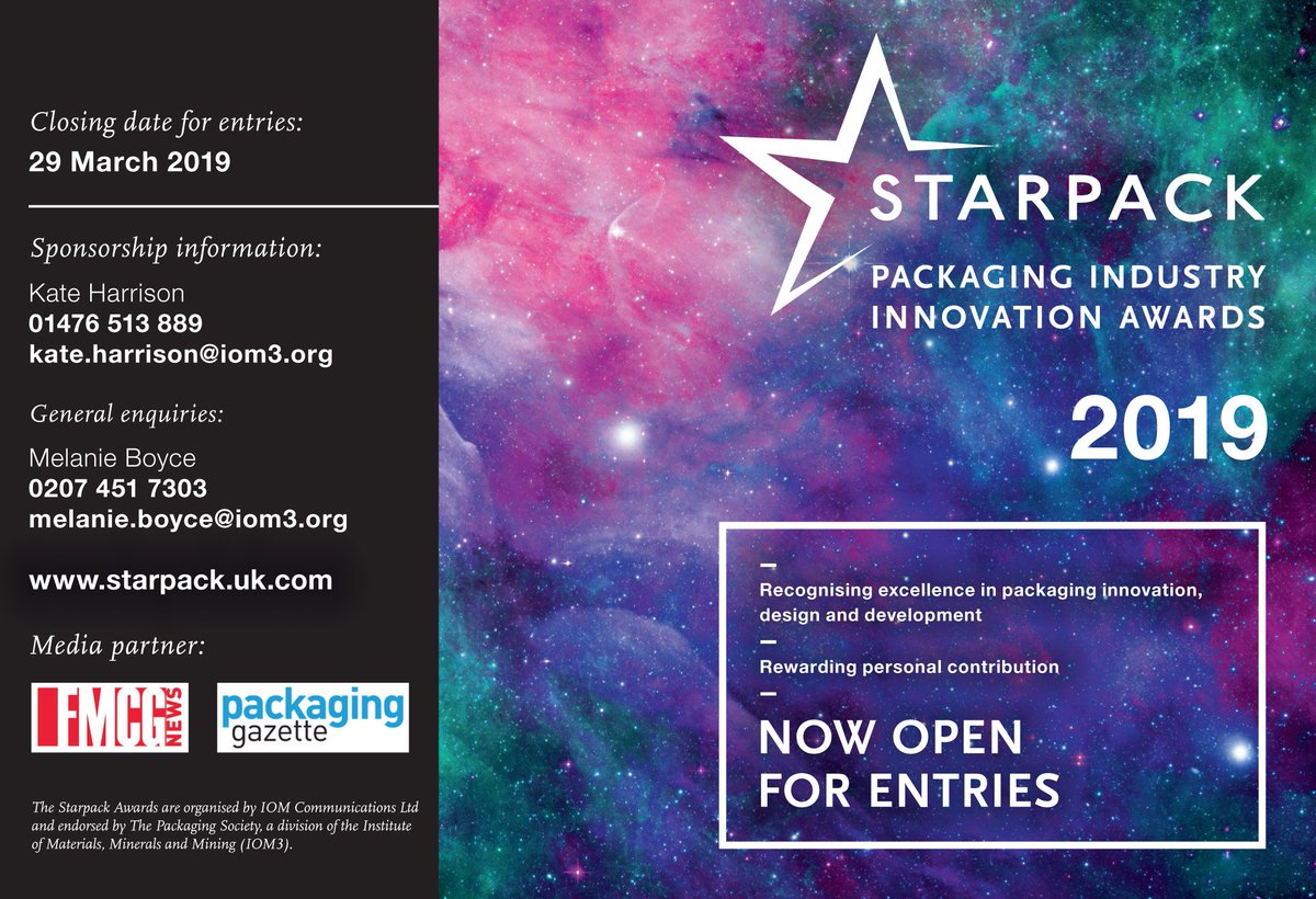 StarpackComp's tweet image. The Starpack Industry Awards is officially open for entries as of today! We are very excited to be launching this for another year, find out all about the 2019 competition at iom3.org/starpack