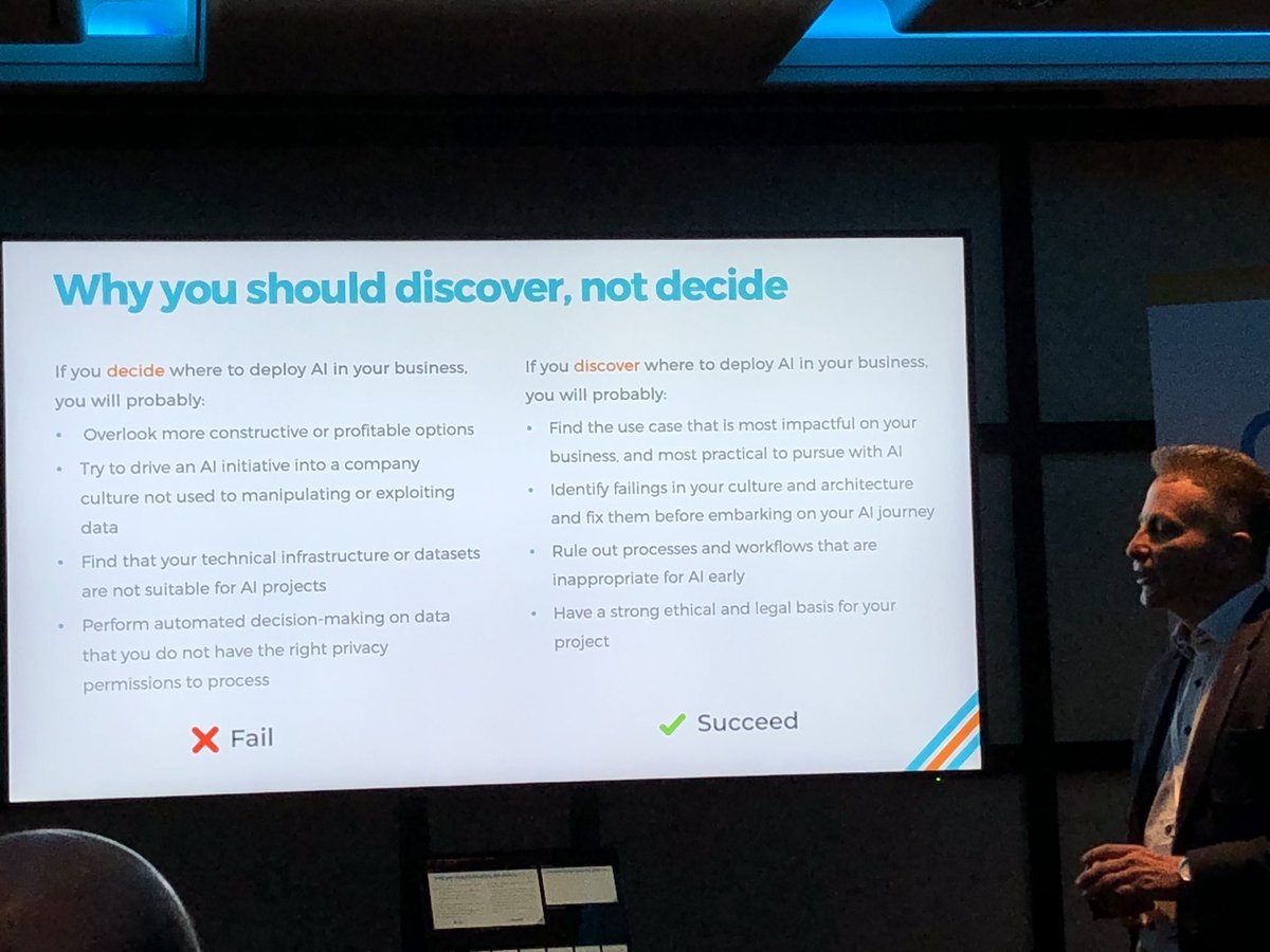 JennStrachan's tweet photo. @The_Cloud_Box explaining why you should Discover not Decide when looking to deploy AI in your business @ #Transform2018 Powerful argument to ensure a strong ethical and legal basis for your project https://t.co/OGrXqT4VEn