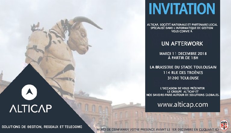 Alticap se déploie en Occitanie et vous donne rendez-vous lors d'un #Afterwork convivial en fin de journée le 11 décembre dans la brasserie du Stade Toulousain. Pour vous inscrire ▶ bit.ly/2P5D53N