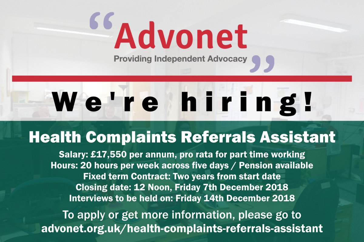 AdvonetUK's tweet photo. We're looking for a Health Complaints Referrals Assistant to join our Health Complaints #Advocacy team! Visit https://t.co/E9JHun5gdx to apply! https://t.co/t17ZQFqn0s