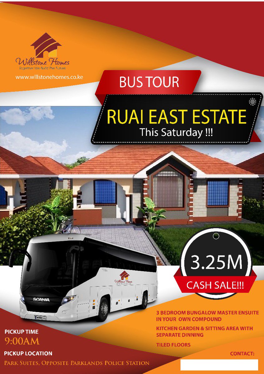 HomesWillstone's tweet photo. How is your Saturday? We would like to invite you for a free property bus tour. Pick up point at Park Suites in Parklands opposite Parklands Police station at 9am.  #BlueEconomyKE #TatuCitySisterCities #RhumbaOxygen #GivingTuesday2018 https://t.co/m4Rbwvhs8E