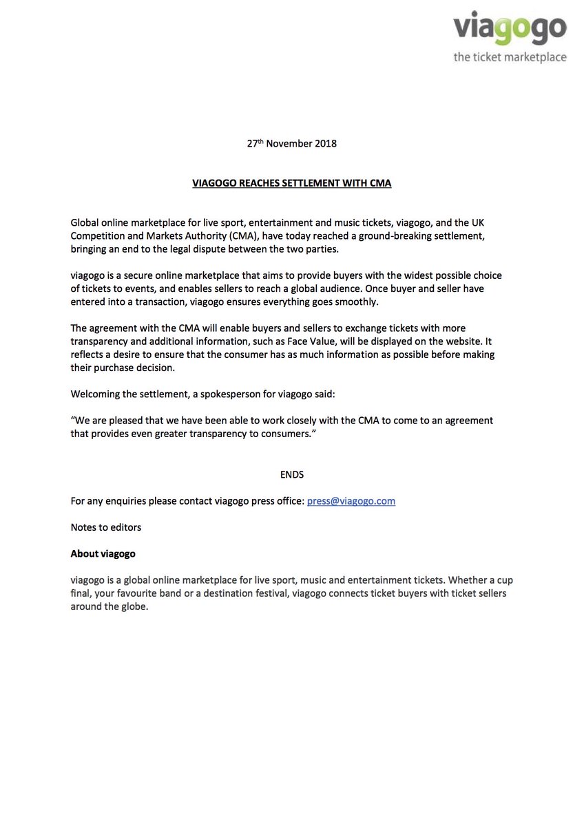 We are pleased to announce that <a href="/viagogo/">viagogo</a> and <a href="/CMAgovUK/">Competition & Markets Authority</a> have reached an agreement on providing greater transparency for consumers.