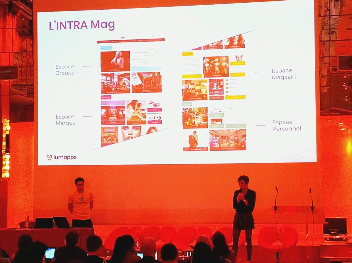 Celine Wargnier (r) of <a href="/etam_france/">Etam Officiel</a> presents on the French women's clothing company's impressive #intranet work at #RIRSE18 in Paris this morning.