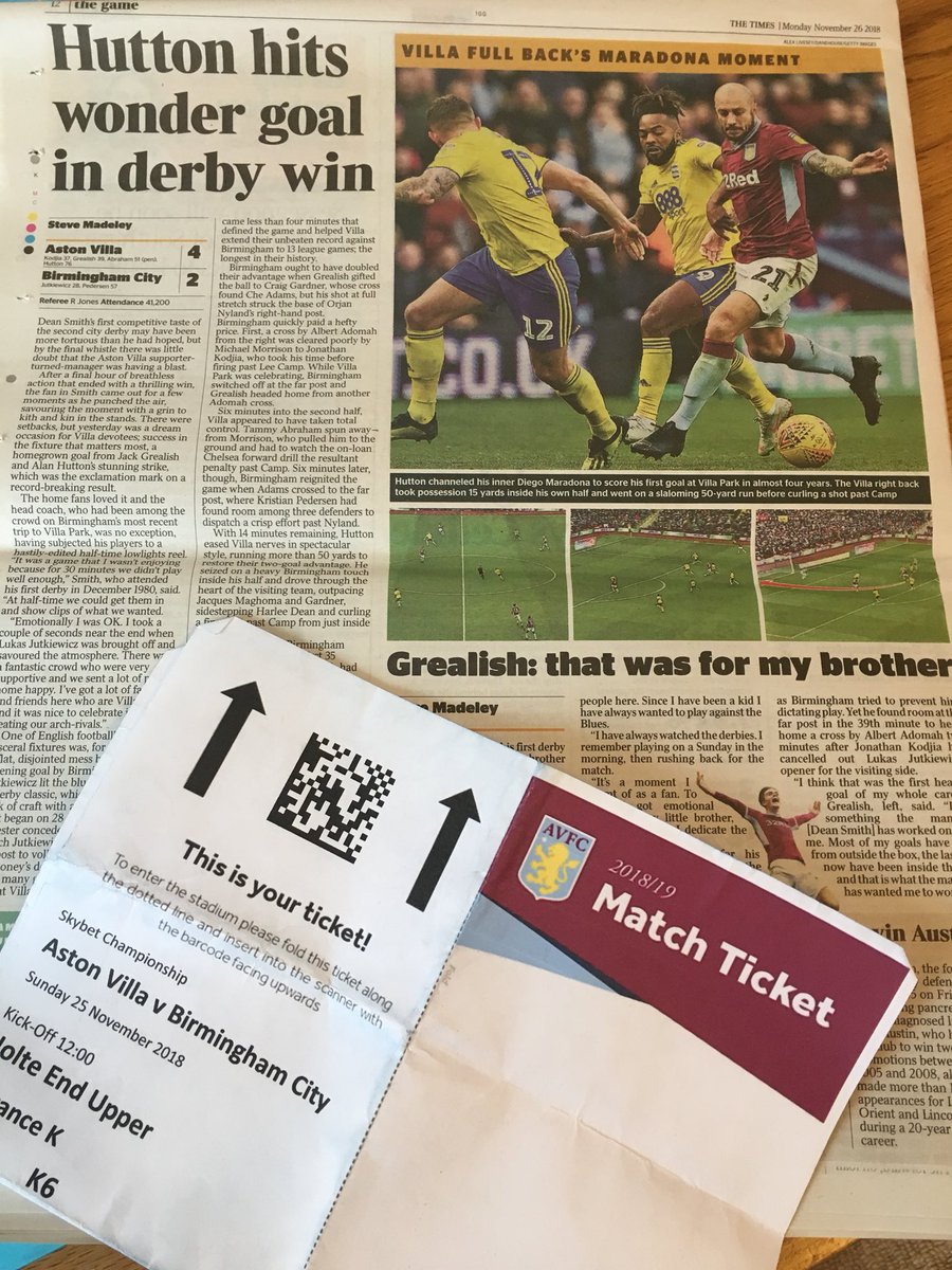 trevorblakechef's tweet photo. Pulled the ticket out my coat pocket and saw yesterday’s paper, still making me smile! #ScottishCafu #Oneofourown #AVFC @AVFCOfficial @JackGrealish1 @mjchall10 https://t.co/hc2TjxCn6v