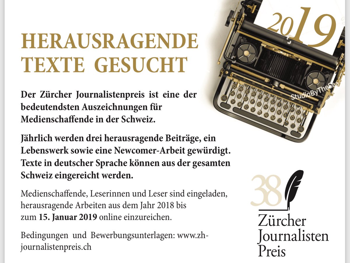 ZJPreis's tweet photo. Die Ausschreibung für den Zürcher Journalistenpreis 2019 hat begonnen. Reichen Sie ihren besten Artikel, ihre beste Recherche von 2018 ein. Bitte teilen Sie diesen Tweet. https://t.co/Y0CSc1q1Bd https://t.co/cNCwZvY7qQ