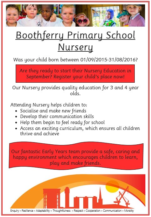 MissWare18's tweet photo. Register your child now for a place in our fantastic Nursery! @BoothferryPS @BPS_Harman #amazingBoothferry https://t.co/K7B48gC9QN