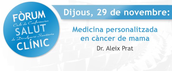 🗓️ Aquest dijous 29/11 a les 18.30h us esperem a una nova conferència divulgativa del Fòrum Salut Clínic, on el Dr. @prat_aleix del <a href="/hospitalclinic/">Hospital Clínic</a> ens parlarà de tractaments personalitzats en #càncer de mama.
<a href="/salutcat/">Salut</a> <a href="/UniBarcelona/">Universitat de Barcelona</a>