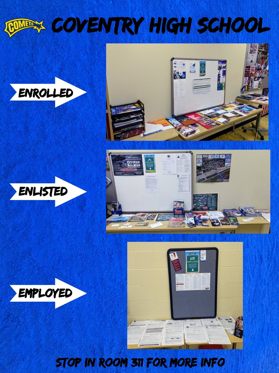 The 3E's at <a href="/CHSComets/">Coventry High School</a> ! If you are a Senior &amp; need more info about college, military or full time jobs for after graduation stop &amp; see me!!! Room 311!!! FASFA'S, College Apps, ASVAB, careers, job boards!!! Go Comets!!