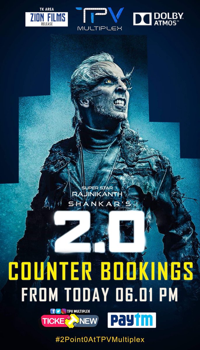 TPVMultiplex's tweet photo. #MagnumOpus #2Point0 Counter bookings open from today evening 6:01 PM !!!
Experience the #REAL #DolbyAtmos and best in class #SilverScreen only in your @TPVMultiplex in #TKArea ๐๐
#2Point0AtTPVMultiplex
#2Point0WithZionFilms https://t.co/jvEraN4EHb
