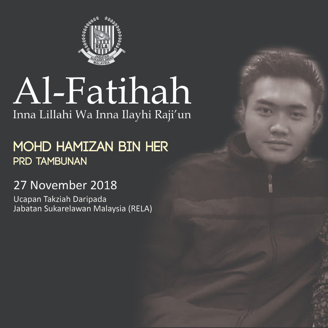 Seluruh warga <a href="/relamalaysia/">relamalaysia</a>
mengucapkan Salam Takziah kpd keluarga Allahyarham Mohd Hamizan bin Her, PRD Tambunan yg telah kembali ke rahmatullah sebentar tadi. Semoga roh Allahyarham dicucuri rahmat. Al-Fatihah.
<a href="/alwi_ibrahim59/">Alwi Ibrahim</a>
<a href="/zulkifliabidin/">Zul Abidin</a> 
@Roslannong 
<a href="/kamarudin_rapig/">Kamarudin Mohd Rapig</a>