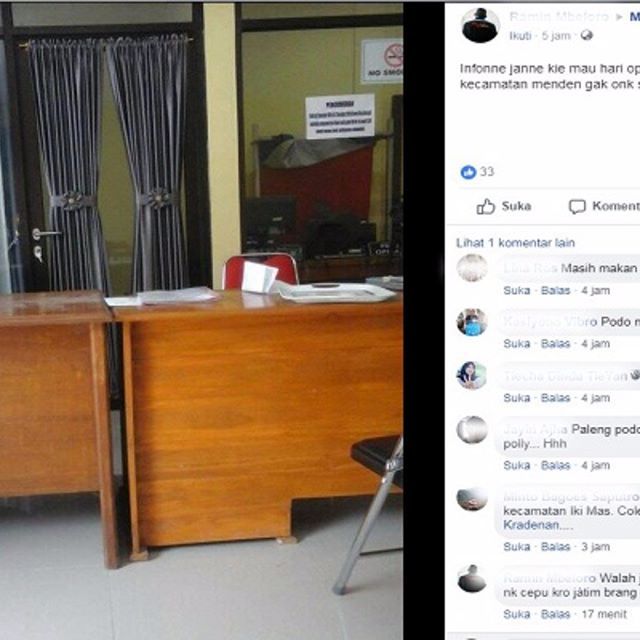 Seorang warga, pemilik akun facebook bernama Ramin Mbeloro mengeluhkan pelayanan di Kecamatan Kradenan. Dalam postingannya yang diunggah sekitar pukul 13.00 WIB hari ini, Ramin menyampaikan kantor tersebut kosong tanpa petugas.

#Bloranews
… ift.tt/2QgCxNp