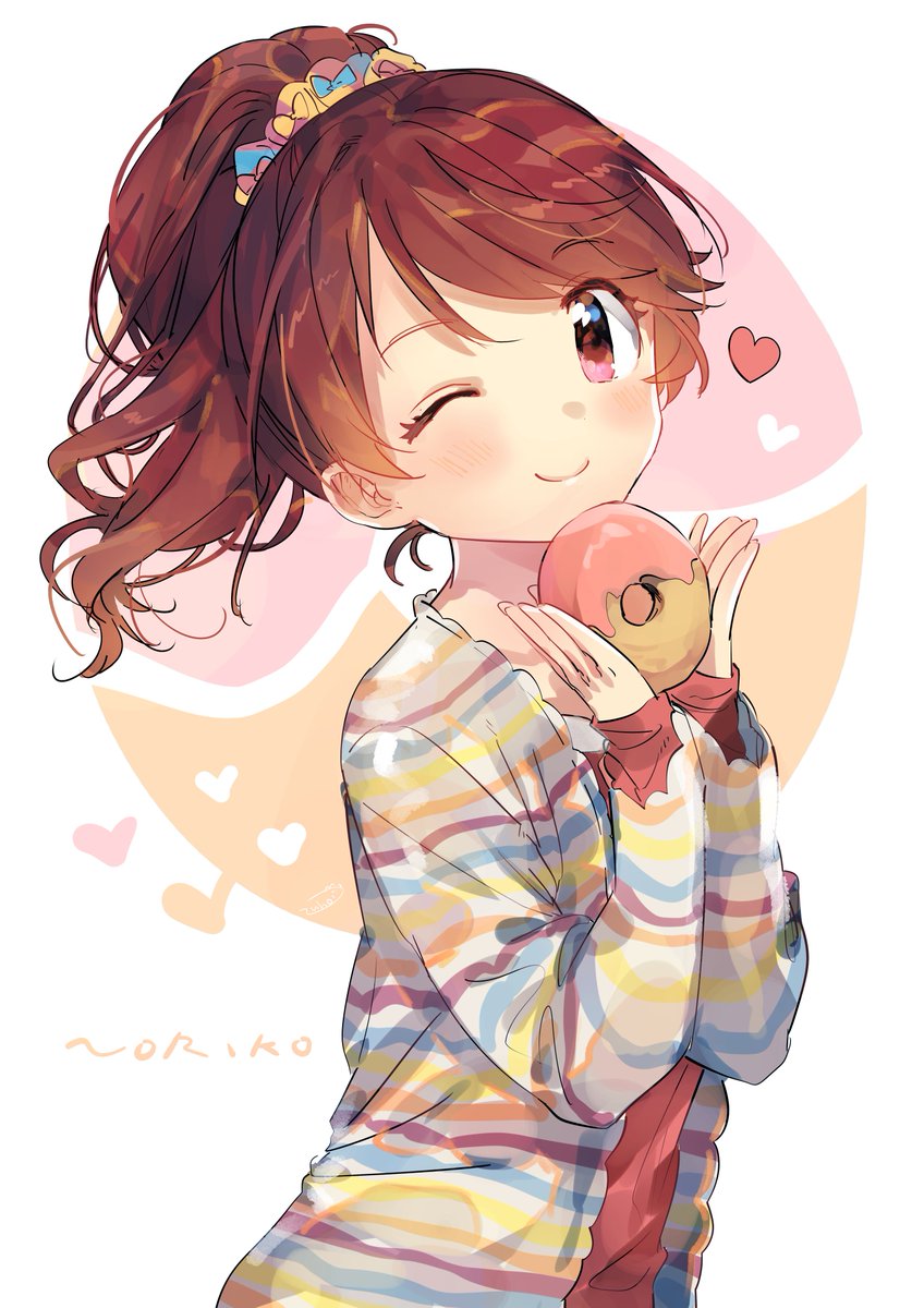 1girl doughnut one eye closed solo brown hair ponytail food  illustration images