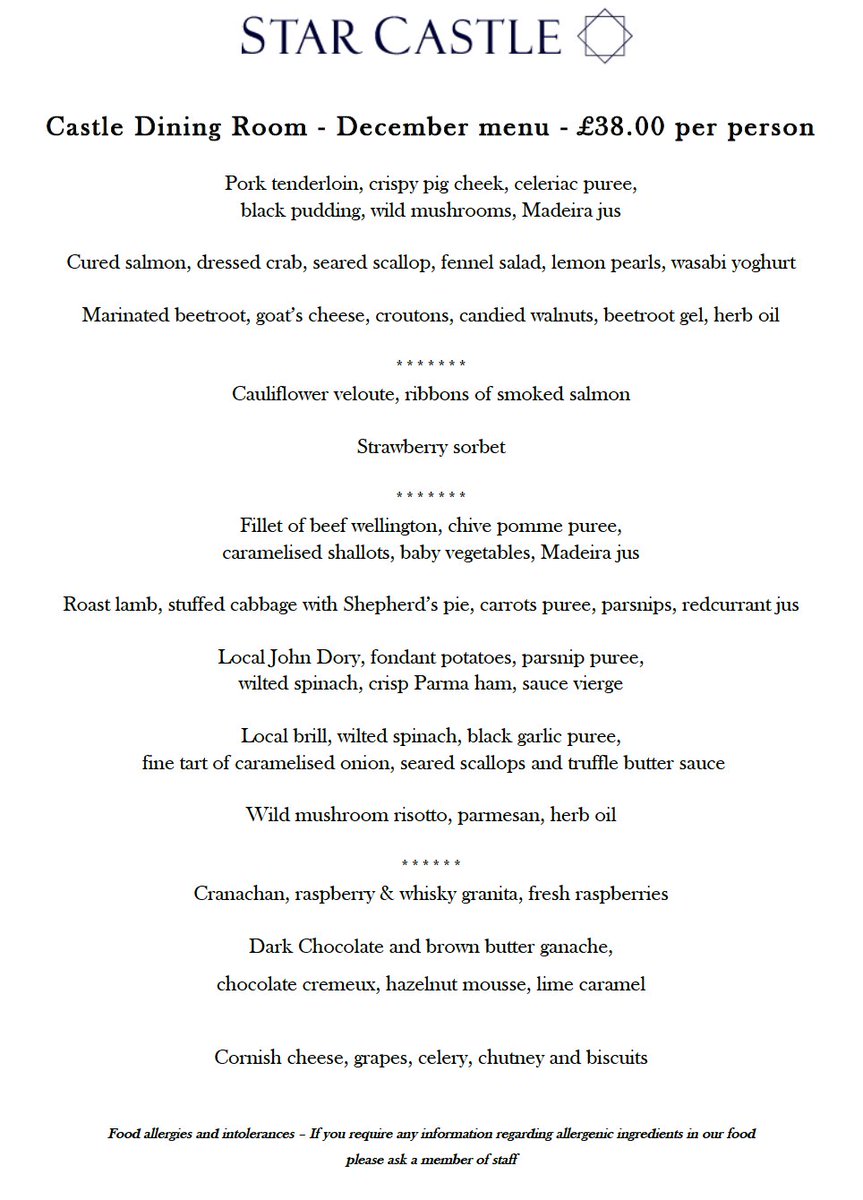 StarCastleHotel's tweet image. Come and join us for dinner at the Star Castle in December.
We are open on; Saturday 8th December and Friday 14th December... Take a sneak peek of the menu!
Call us to book on 01720 422317