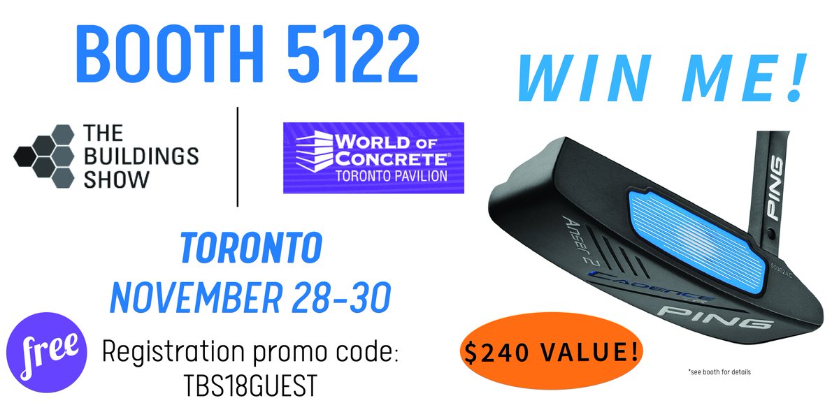 Come see us TOMORROW at The Buildings Show, and learn how you could win a brand new PING putter. 
@rattlestickconcretetools @husqvarnaca @husqvarnausa@wrmeadows @tajimatoolus @boschtoolscanada @chapinmfg @marshalltowncompany @formandbuildsupply #PING #theBuildingsShow #concrete