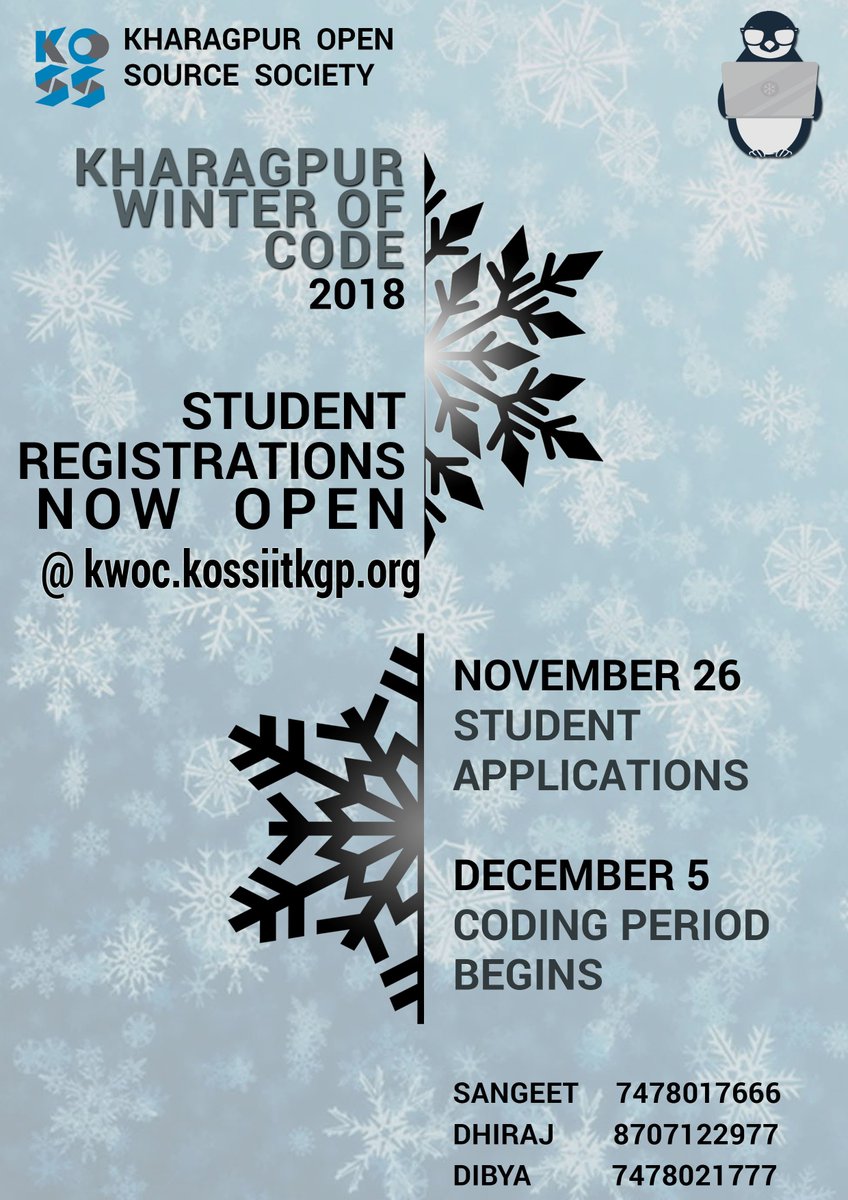 kossiitkgp's tweet photo. Your wait for KWoC 2018 Student Registrations is finally over. 
Head over to https://t.co/62OayQyIAA
This is your golden opportunity to contribute to open source projects, learn and develop your skills this winters.
PS: Mentor Registrations are still open, submit your projects ! https://t.co/PhTpVcmvHK