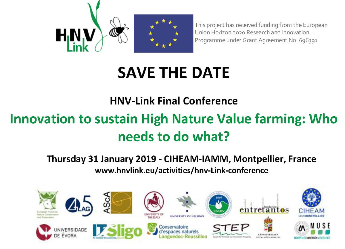 📌 Save the date: Final Conference <a href="/HNVLink/">HNV-Link</a>.
🌿We will highlight the #environmental, #social and #economic relevance of #HNVfarming, share our findings from #local experiences, discuss the role of #innovation in supporting agriculture. 
Register! hnvlink.eu/activities/hnv…