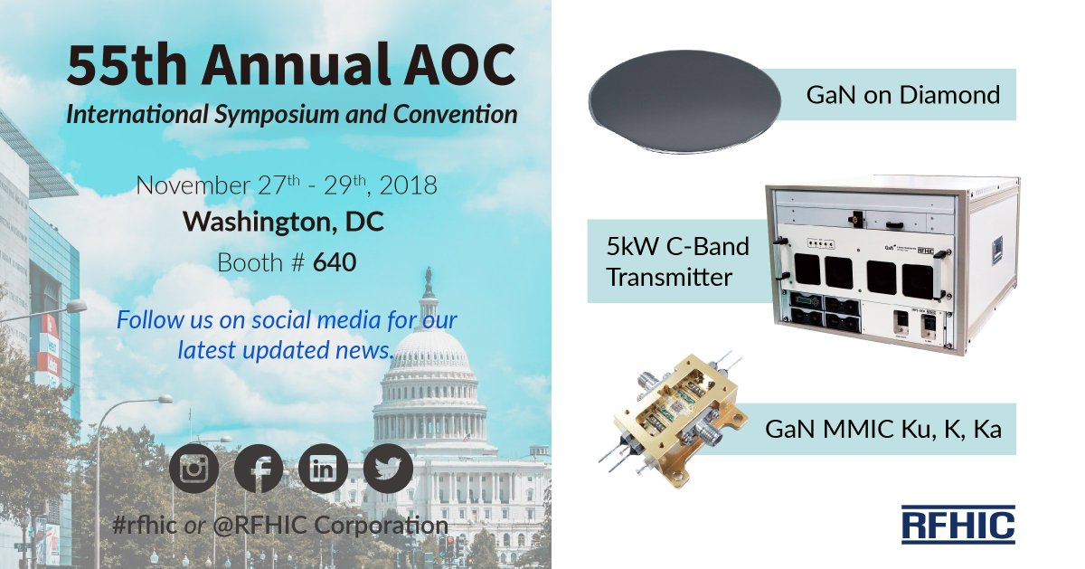 RFHIC_Corp's tweet image. Don't forget to stop by booth #640 at AOC's 55th Annual Symposium in Washington, DC to see our latest range of products like our high-powered GaN MMICs, 5kW GaN Solid-State Transmitter, and our newest GaN on Diamond technology. 
#RFHIC #GaN #solidstate #ganondiamond #radar #MMIC